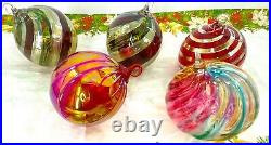 5 Vintage Hand Blown Iridescent Glass Ball Ornament Christmas Swirl Pattern 3.5