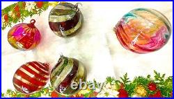 5 Vintage Hand Blown Iridescent Glass Ball Ornament Christmas Swirl Pattern 3.5