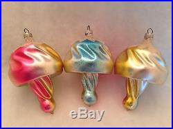 6 Antique Figural German Mushroom Balloon & Bell Glass Christmas Ornaments Pink