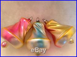 6 Antique Figural German Mushroom Balloon & Bell Glass Christmas Ornaments Pink