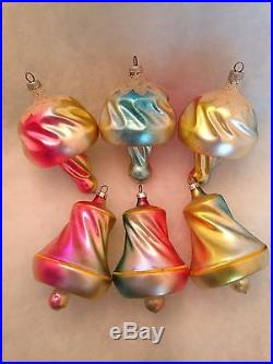 6 Antique Figural German Mushroom Balloon & Bell Glass Christmas Ornaments Pink