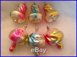 6 Antique Figural German Mushroom Balloon & Bell Glass Christmas Ornaments Pink