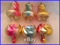 6 Antique Figural German Mushroom Balloon & Bell Glass Christmas Ornaments Pink