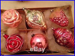 6 Delicate Pink Vintage Glass Christmas Tree Ornaments Germany Italy Japan
