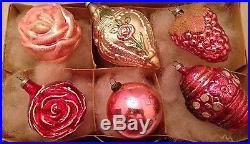 6 Pink Vintage Glass Christmas Tree Ornaments Germany Italy Japan