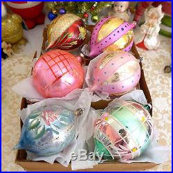 6 Rare Vtg Jumbo Poland Glass Sphere Hand Paint Xmas Ornament Mica Glitter box