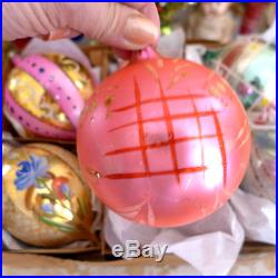 6 Rare Vtg Jumbo Poland Glass Sphere Hand Paint Xmas Ornament Mica Glitter box