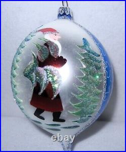 6 Teardrop Radko Blown Glass Ornament, Father Christmas Walking in Forest