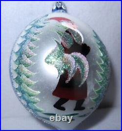 6 Teardrop Radko Blown Glass Ornament, Father Christmas Walking in Forest