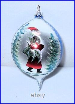 6 Teardrop Radko Blown Glass Ornament, Father Christmas Walking in Forest