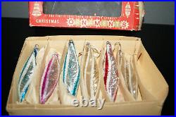 6 VNTG UNSILVERED TEARDROP ICICLES With TINSEL GLASS CHRISTMAS ORNAMENT W. GERMANY