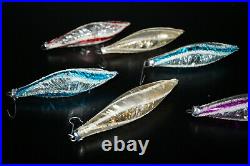 6 VNTG UNSILVERED TEARDROP ICICLES With TINSEL GLASS CHRISTMAS ORNAMENT W. GERMANY