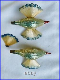 6 Vintage Antique Mercury Glass Bird Spun Glass Tail & Wings Ornament Christmas