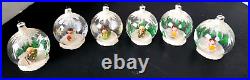 6 Vintage Blown Glass Diorama Different Wooden Figure Christmas Ornaments Italy