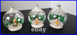 6 Vintage Blown Glass Diorama Different Wooden Figure Christmas Ornaments Italy