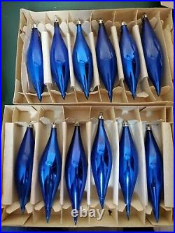 6 Vintage Box Teardrop Icicle Mercury Glass Christmas Ornaments Poland Blue 5'