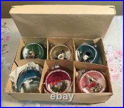 6 Vintage Glass DIORAMA Shiny Brite Japan Christmas Tree Ornaments Rare