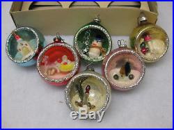 6 Vintage Glass Japan Indent Diorama Xmas Ornaments Scenes In Original Box