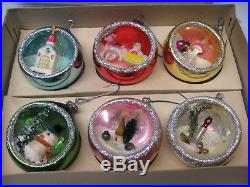 6 Vintage Glass Japan Indent Diorama Xmas Ornaments Scenes In Original Box