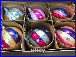 6 Vtg Jumbo Mercury Glass Mica Fantasia Type Christmas Ornaments Poland In Box