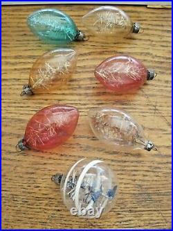 7 Vintage Christmas Ornament Unsilvered Glass WWII USA Glitter Tinsel Teardrops