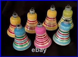 7 Vintage Mica Striped Mini Glass Bell Christmas Ornament Shiny Brite No Box