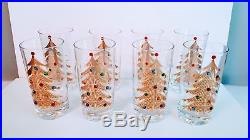 8 CULVER Rare 22 Karat Gold Christmas Tree Jeweled Ornament Highball Glasses