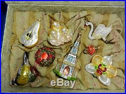 8 Piece glass Christmas ornament set w bird, swan, angel, church, orchid, pear, rose