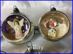 8 VTG Glass Diorama Indent Scene Xmas Ornaments Santa Reindeer Angels Church