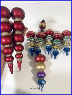 9 Vtg Way Germany HandBlown Glass Christmas Ornaments Tier Mica Ball Finials Lot