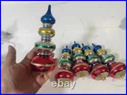 9 Vtg Way Germany HandBlown Glass Christmas Ornaments Tier Mica Ball Finials Lot