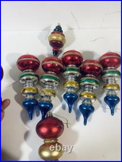 9 Vtg Way Germany HandBlown Glass Christmas Ornaments Tier Mica Ball Finials Lot