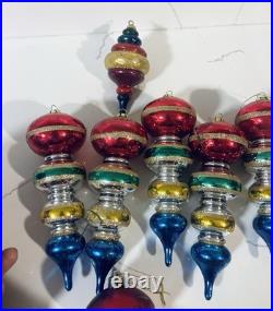 9 Vtg Way Germany HandBlown Glass Christmas Ornaments Tier Mica Ball Finials Lot