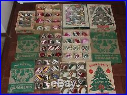 96 Vintage Shiny Brite Christmas Ornaments 8 Boxes Frosted Indents Lanterns Cats