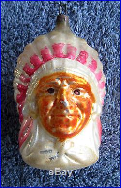 ANTIQUE HAND-BLOWN MERCURY GLASS CHRISTMAS TREE ORNAMENT INDIAN CHIEF HEAD