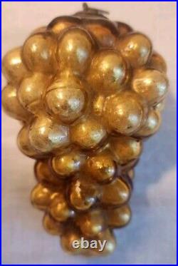 ANTIQUE KUGEL MERCURY GLASS BERRY GRAPE 1880s CHRISTMAS ORNAMENT BRASS CAP Gold