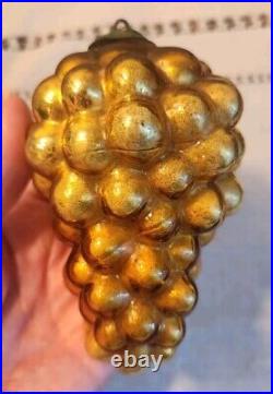 ANTIQUE KUGEL MERCURY GLASS BERRY GRAPE 1880s CHRISTMAS ORNAMENT BRASS CAP Gold