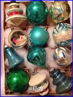 ANTIQUE Vtg TEAL DIORAMA TOPS TORNADO BELL TREE SHAPED CHRISTMAS ORNAMENTS TEAL