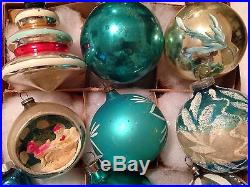 ANTIQUE Vtg TEAL DIORAMA TOPS TORNADO BELL TREE SHAPED CHRISTMAS ORNAMENTS TEAL