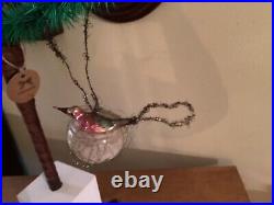 ANTIQUE Wire Wrapped CHRISTMAS ORNAMENT Mercury Glass BIRD in Glass INDENT NEST