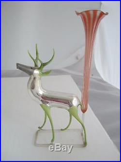 ANTQ CHRISTMAS, SET 3 MERCURY BLOWN GLASS DEER WithATTACHED VASE, GERMANY STICKERS