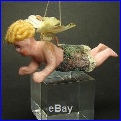 Angel Christmas Ornament with Spun Glass Wings and Silk Hair 1880's