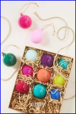 Anthropologie Set 12 Opaque 3 Glass Bauble Ball Ornaments Rainbow Christmas NEW