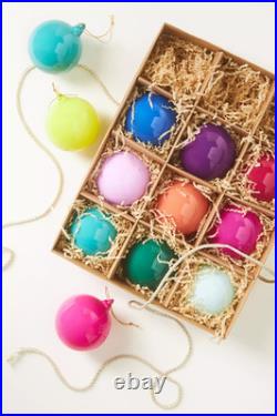 Anthropologie Set 12 Opaque 3 Glass Bauble Ball Ornaments Rainbow Christmas NEW