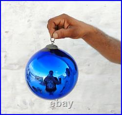 Antique Azure Blue Glass France Kugel Christmas Ornament Vergo Brass Cap 525