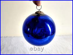 Antique Blue Glass 4.3 Heavy German Kugel Christmas Ornament Brass Cap 02