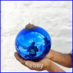 Antique Blue Glass French Kugel 6.4 Christmas Ornament Vergo Brass Cap 558
