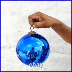 Antique Blue Glass French Kugel 6.4 Christmas Ornament Vergo Brass Cap 558