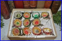 Antique Box of 11 German Deep Indent Christmas Tree Ornaments Mercury Glass 40's