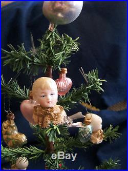 Antique Christmas tree/ mouth blown glass ornaments doll heads /Germany